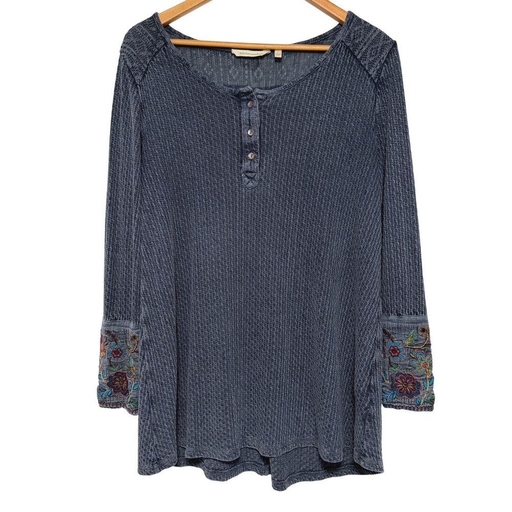 Soft Surroundings Palmer Henley Tunic Womens L Blue Embroidered Waffle Knit